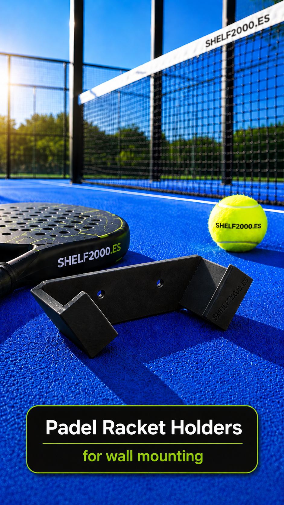 Wall-mounted padel racket holder for stores and clubs, durable metal display support designed to organize and showcase padel rackets professionally.